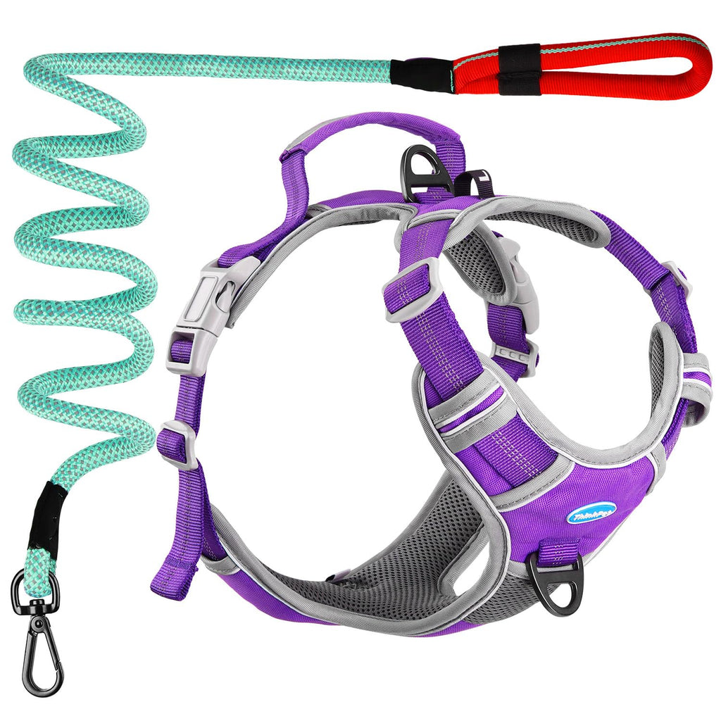 ThinkPet No Pull Harness Set Breathable Sport Harness with Handle - Reflective Padded Dog Safety Vest with Reflective Neon Dog Leash XL Harness Leash Pack Purple
