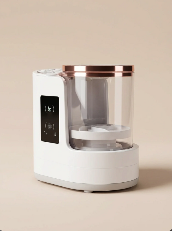 Aurevia Bliss makeup brush cleaning machine and dryer with brushes drying inside, compact device for quick brush cleaning.