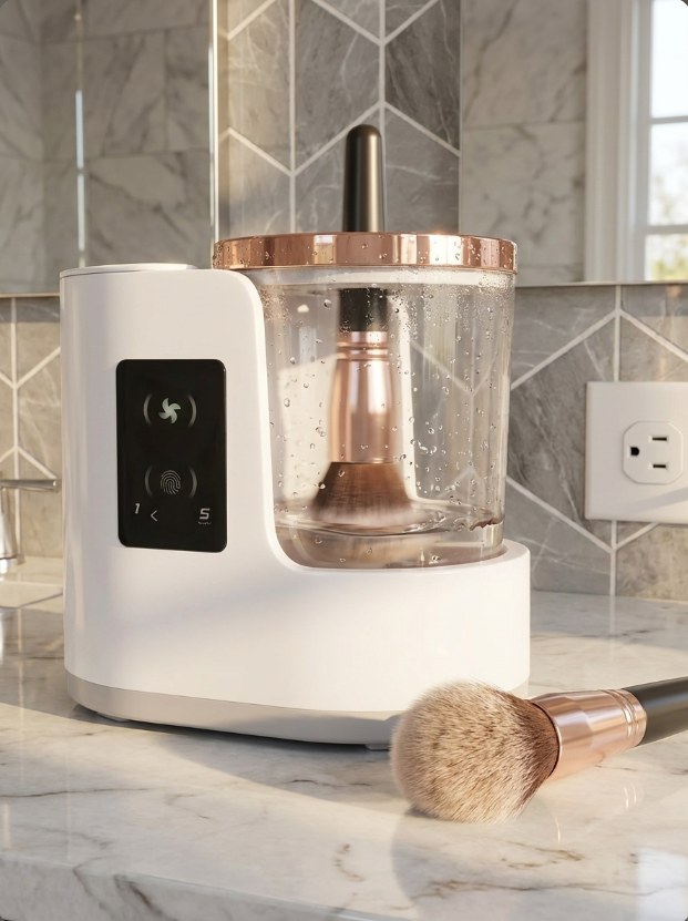 Aurevia Bliss makeup brush cleaning machine drying and cleaning makeup brushes efficiently with rotating brush heads.