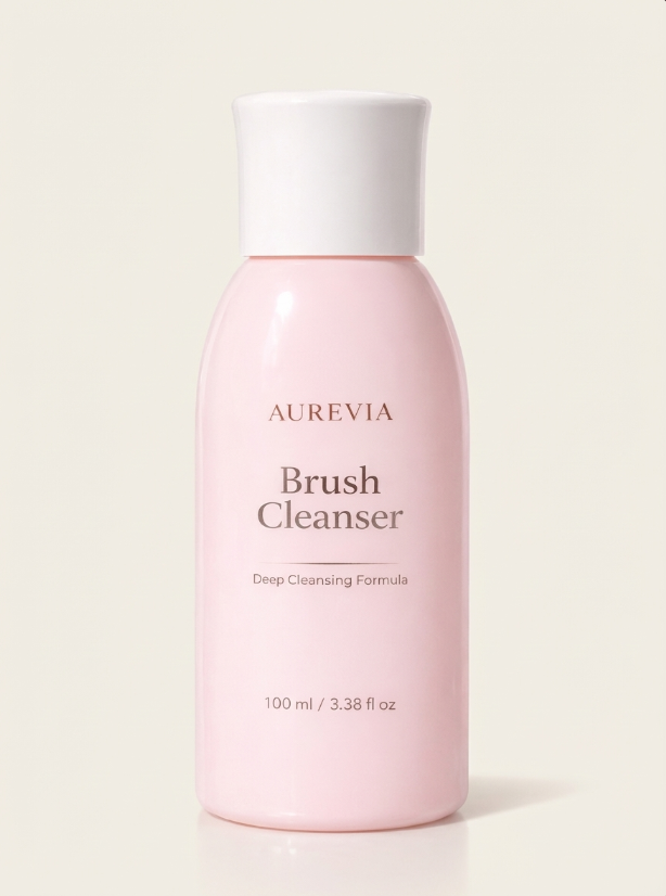 Aurevia Bliss makeup brush cleaner solution in a 100ml bottle, with the label visible, designed for cleaning makeup brushes effectively.