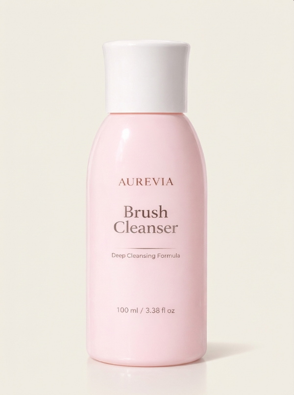 Aurevia Bliss makeup brush cleaner solution in a 100ml bottle, with the label visible, designed for cleaning makeup brushes effectively.