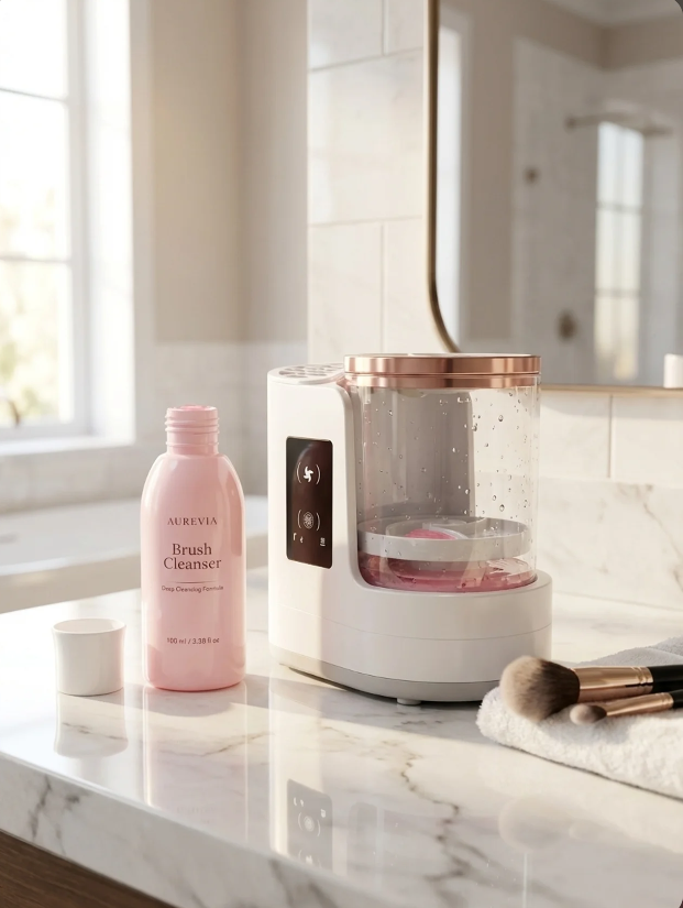 Aurevia Bliss makeup brush cleaner solution in a 100ml bottle, with the solution visible inside and a clean, professional label.
