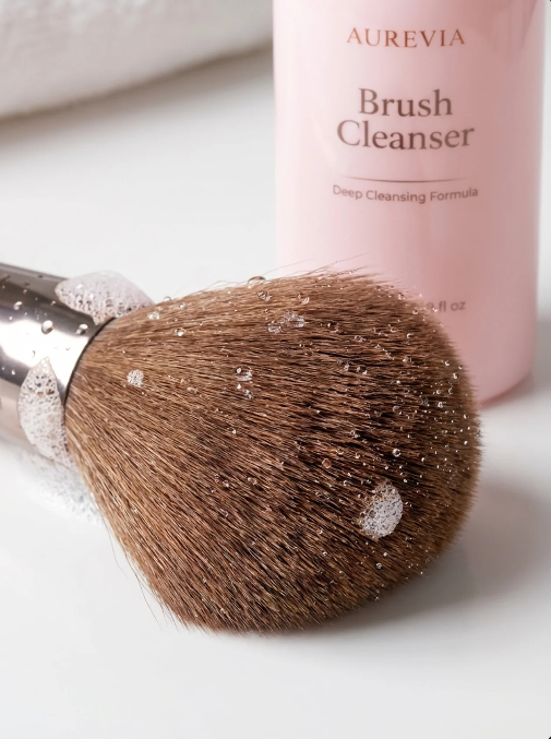 Aurevia Bliss makeup brush cleaner solution in a 100ml bottle, with the bottle and cleaning brush visible.