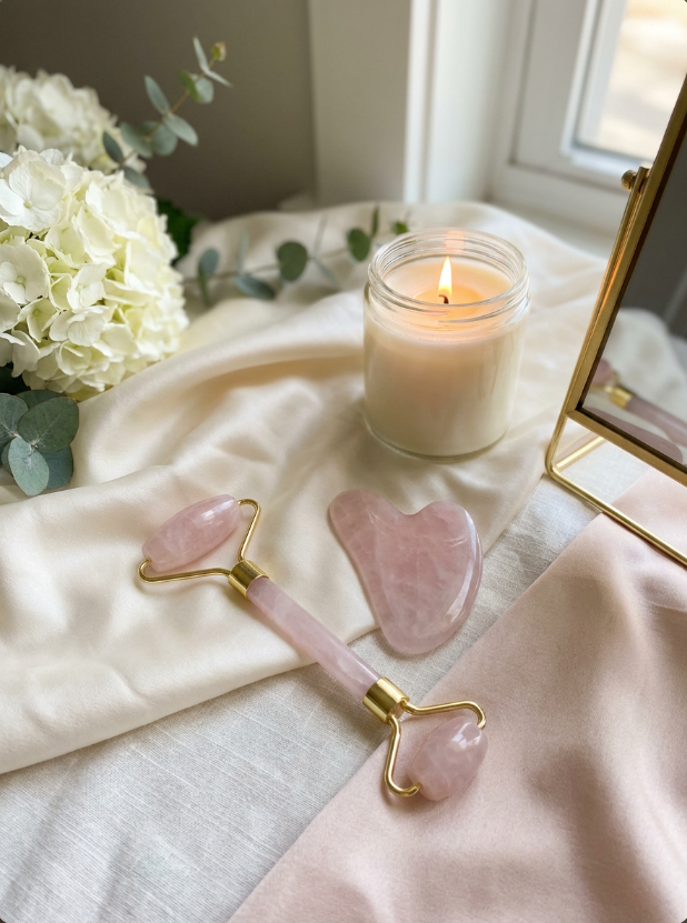 Aurevia Bliss face massager roller guasha tool for facial skincare, shown in a close-up image with smooth stone surface.
