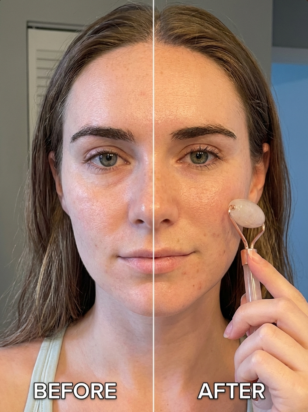 Aurevia Bliss Face Massager Roller Guasha tool for skin contouring and facial massage, shown on a clean, smooth surface.