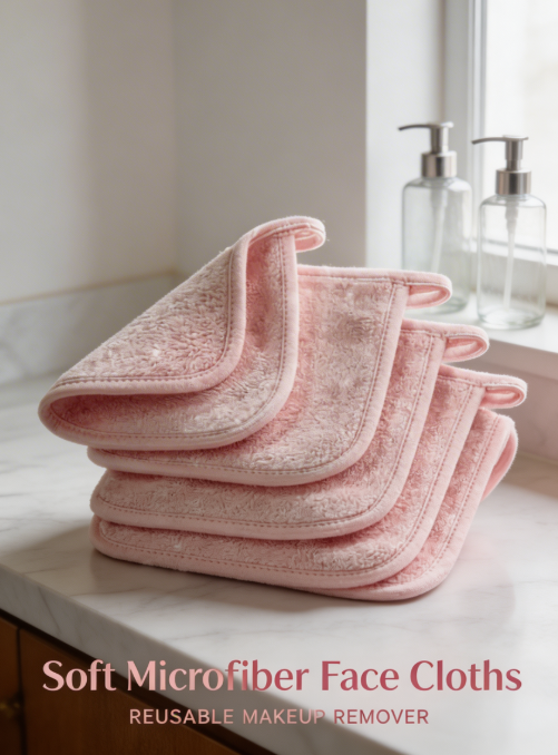 Set of five soft makeup remover cloths by Aurevia Bliss, gentle fabric for facial cleansing and makeup removal.