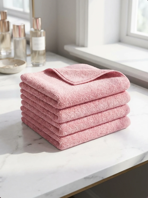 Set of five soft makeup remover cloths by Aurevia Bliss, gentle microfiber textiles for facial cleansing and makeup removal.