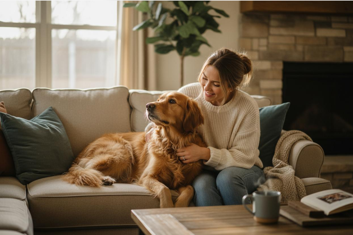 A relaxed dog being gently groomed in a peaceful home environment